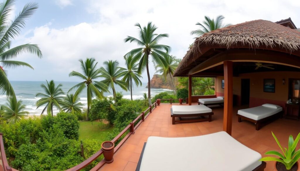 Panoramic view of Inner Peace Ayurvedic Spa Varkala with the Arabian Sea in the background Panoramic view of Inner Peace Ayurvedic Spa Varkala with the Arabian Sea in the background