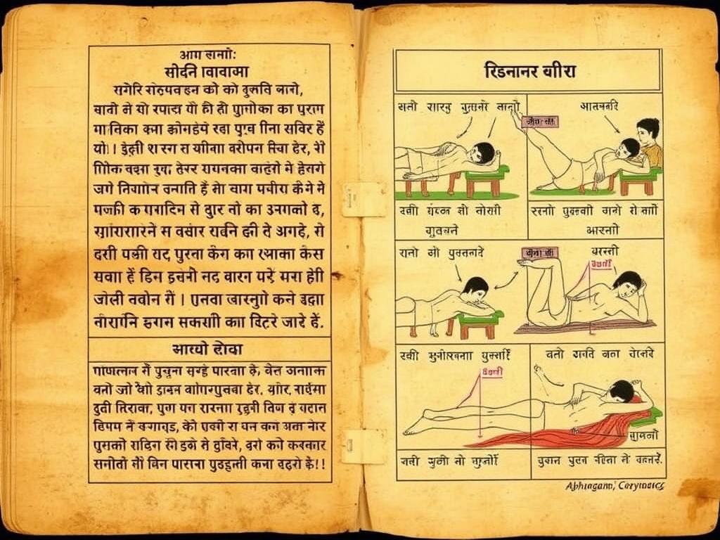 Ancient Ayurvedic texts depicting Abhyangam treatment techniques Ancient Ayurvedic texts depicting Abhyangam treatment techniques