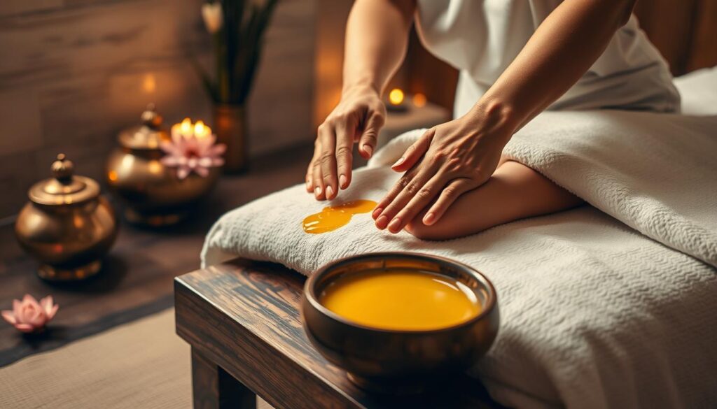 Ayurvedic Treatment for Abhyangam being performed with warm herbal oils