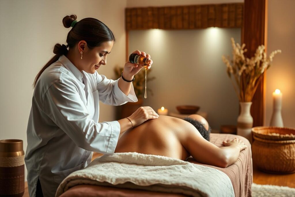 Step-by-step Abhyangam massage procedure being demonstrated Step-by-step Abhyangam massage procedure being demonstrated