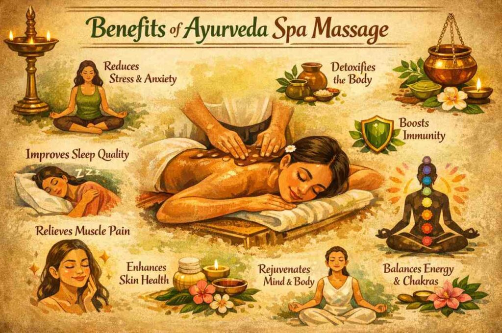 Ayurvedic massage benefits and illustrations